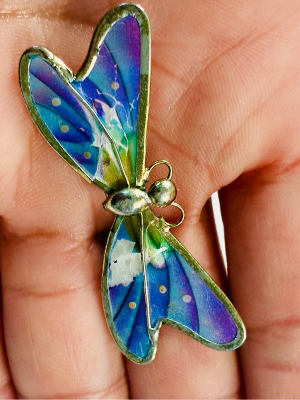 Antique Art Nouveau Dragonfly Brooch Purple Blue Green Made w/ Butterfly Wings